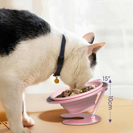 Purple Foldable Elevated Pet Bowl Set - Tilted Ergonomic Cat Feeder with Aluminum Stand & Silicone Bowl.