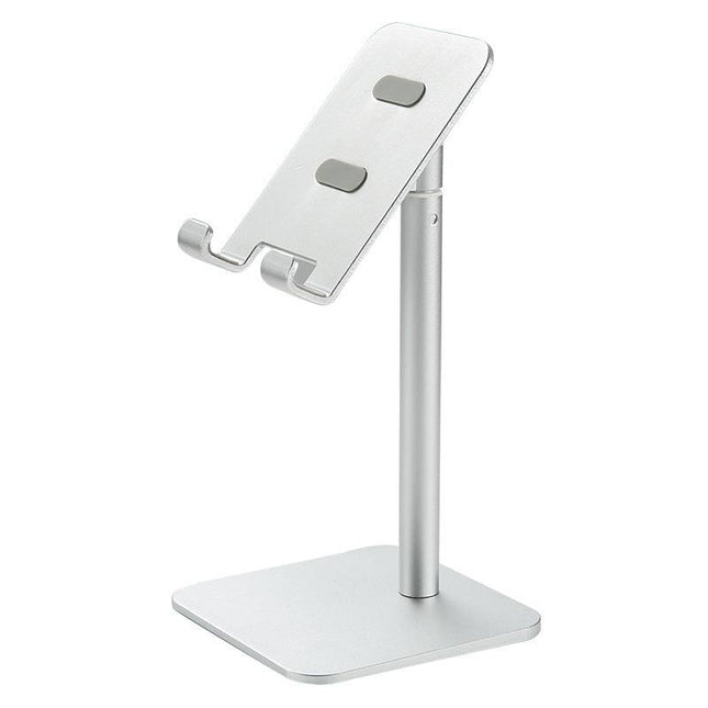 Silver Adjustable Aluminum Alloy Phone and Tablet Stand - Telescopic Desktop Holder for Live Streaming and Hands-Free Use.
