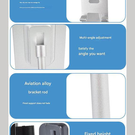 Silver Adjustable Aluminum Alloy Phone and Tablet Stand - Telescopic Desktop Holder for Live Streaming and Hands-Free Use.