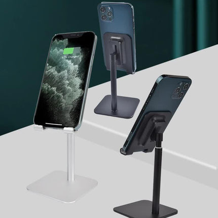 Silver Adjustable Aluminum Alloy Phone and Tablet Stand - Telescopic Desktop Holder for Live Streaming and Hands-Free Use.