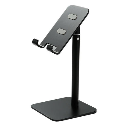 Black Adjustable Aluminum Alloy Phone and Tablet Stand - Telescopic Desktop Holder for Live Streaming and Hands-Free Use.
