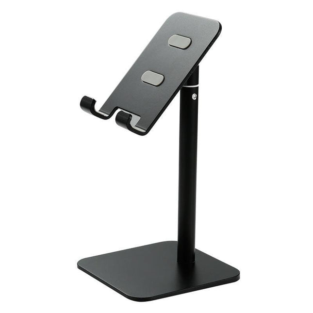 Black Adjustable Aluminum Alloy Phone and Tablet Stand - Telescopic Desktop Holder for Live Streaming and Hands-Free Use.