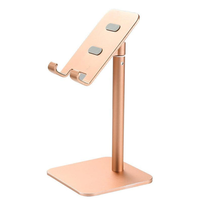 Rose Gold Adjustable Aluminum Alloy Phone and Tablet Stand - Telescopic Desktop Holder for Live Streaming and Hands-Free Use.