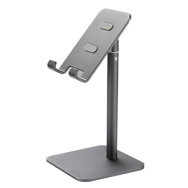 Grey Adjustable Aluminum Alloy Phone and Tablet Stand - Telescopic Desktop Holder for Live Streaming and Hands-Free Use.