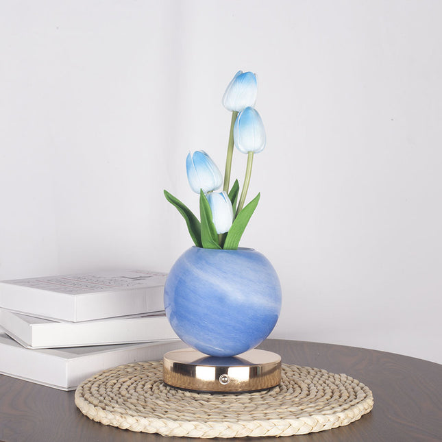 Blue Tulip Night Light with Realistic Bouquet - Dreamy Planet LED Mood Lamp for Bedroom Decor with 3-Color Touch Dimming.