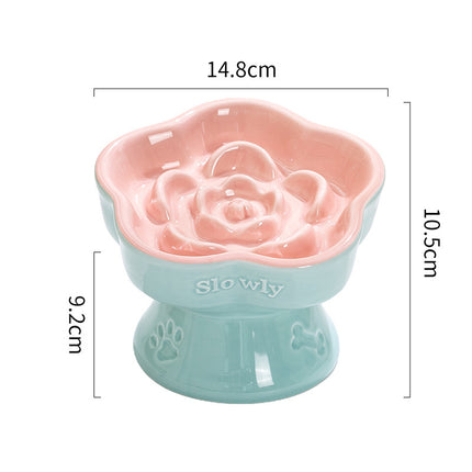 Blue and Pink Ceramic Slow Feeder Pet Bowl for Cats and Small Dogs - Anti-Choke Elevated Design with 15-Degree Tilted Rim.