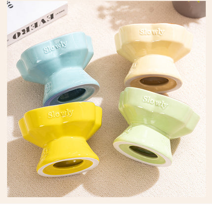Blue and Pink Ceramic Slow Feeder Pet Bowl for Cats and Small Dogs - Anti-Choke Elevated Design with 15-Degree Tilted Rim.