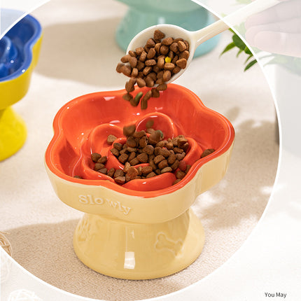 Blue and Pink Ceramic Slow Feeder Pet Bowl for Cats and Small Dogs - Anti-Choke Elevated Design with 15-Degree Tilted Rim.