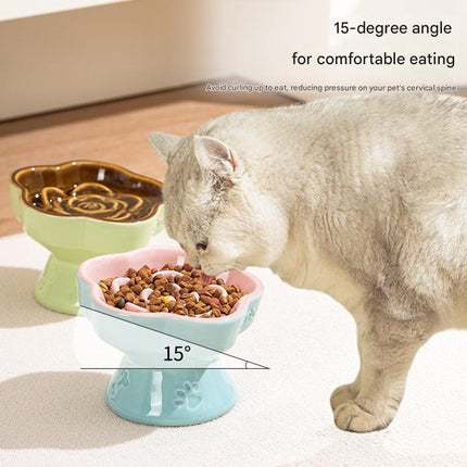 Blue and Pink Ceramic Slow Feeder Pet Bowl for Cats and Small Dogs - Anti-Choke Elevated Design with 15-Degree Tilted Rim.