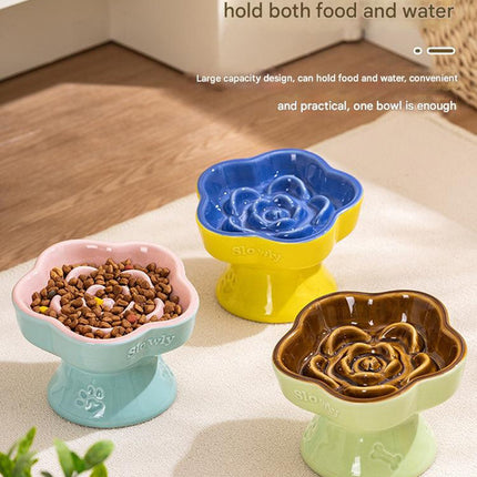 Blue and Pink Ceramic Slow Feeder Pet Bowl for Cats and Small Dogs - Anti-Choke Elevated Design with 15-Degree Tilted Rim.