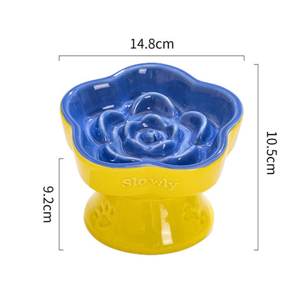 Yellow and Blue Ceramic Slow Feeder Pet Bowl for Cats and Small Dogs - Anti-Choke Elevated Design with 15-Degree Tilted Rim.