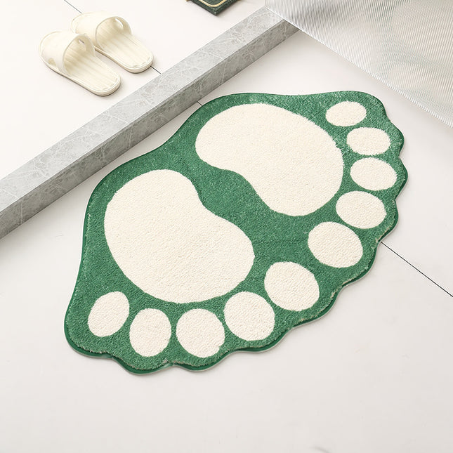 2 Pcs Green And White Foot-Shaped Plush Bath Mat - Non-Slip Absorbent Bathroom Rug for Bedroom and Doorway (50x80cm).