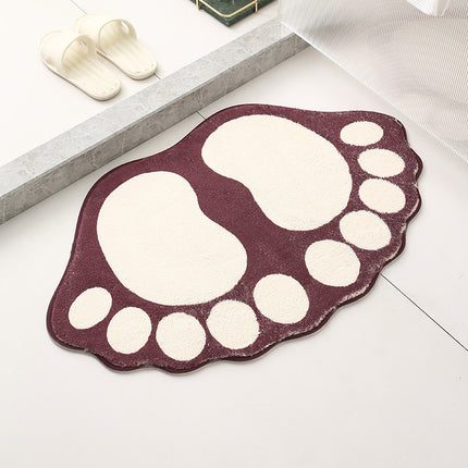 2 Pcs Dark Red And White Foot-Shaped Plush Bath Mat - Non-Slip Absorbent Bathroom Rug for Bedroom and Doorway (50x80cm).