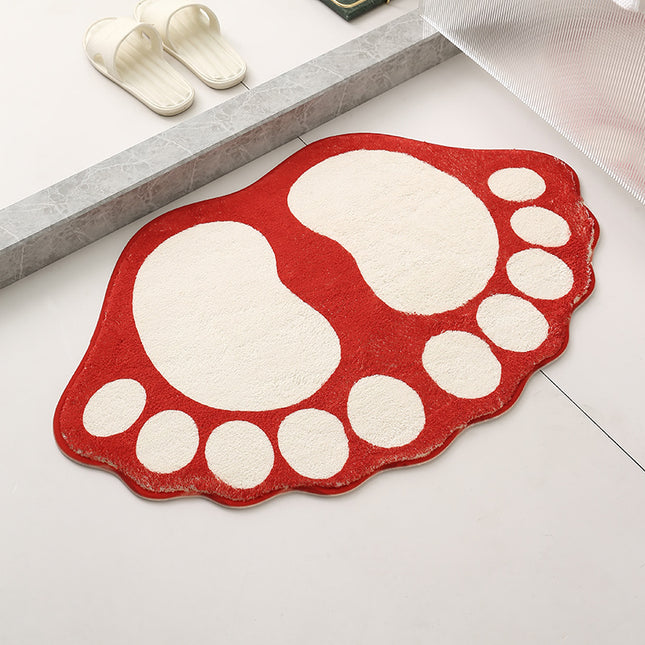 2 Pcs Red And White Foot-Shaped Plush Bath Mat - Non-Slip Absorbent Bathroom Rug for Bedroom and Doorway (50x80cm).