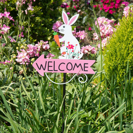 White Rabbit and Carrot Pattern Charming Metal Garden Stakes | Welcome Yard & Lawn Decor.