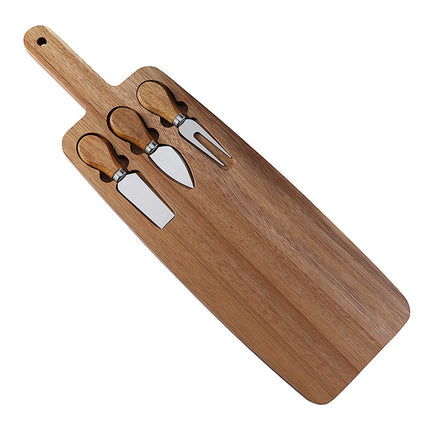 Brown And Silver Premium Acacia Wood Cheese Board Set | Charcuterie Platter with 3 Stainless Steel Knives.