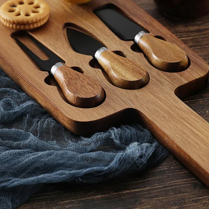 Brown And Silver Premium Acacia Wood Cheese Board Set | Charcuterie Platter with 3 Stainless Steel Knives.