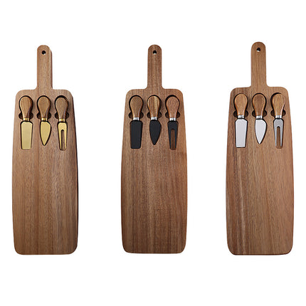 Brown And Black Premium Acacia Wood Cheese Board Set | Charcuterie Platter with 3 Stainless Steel Knives.