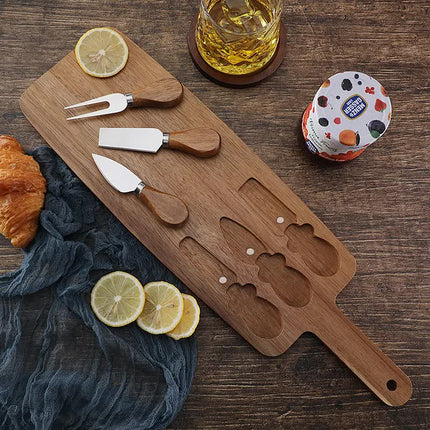 Brown And Black Premium Acacia Wood Cheese Board Set | Charcuterie Platter with 3 Stainless Steel Knives.