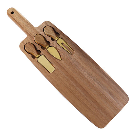 Brown And Gold Premium Acacia Wood Cheese Board Set | Charcuterie Platter with 3 Stainless Steel Knives.
