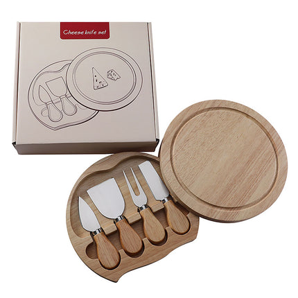 Brown And Silver Compact Round Rubberwood Cheese Board Set | 4 Stainless Steel Knives & Tools.