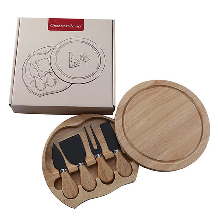 Brown And Black Compact Round Rubberwood Cheese Board Set | 4 Stainless Steel Knives & Tools.