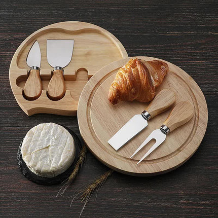 Brown And Black Compact Round Rubberwood Cheese Board Set | 4 Stainless Steel Knives & Tools.