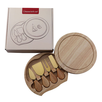 Brown And Gold Compact Round Rubberwood Cheese Board Set | 4 Stainless Steel Knives & Tools.