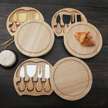 Brown And Gold Compact Round Rubberwood Cheese Board Set | 4 Stainless Steel Knives & Tools.