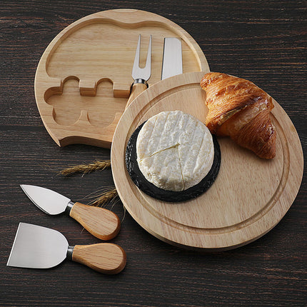 Brown And Gold Compact Round Rubberwood Cheese Board Set | 4 Stainless Steel Knives & Tools.