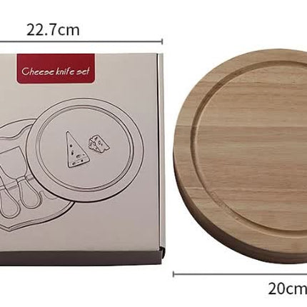 Brown And Gold Compact Round Rubberwood Cheese Board Set | 4 Stainless Steel Knives & Tools.