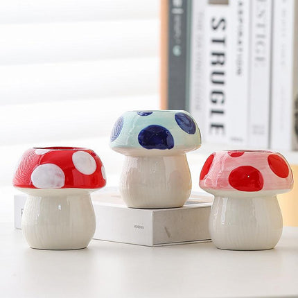 Red And White Adorable Ceramic Mushroom Desk Organizer - Cute Pen & Makeup Brush Holder.