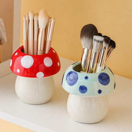 Red And White Adorable Ceramic Mushroom Desk Organizer - Cute Pen & Makeup Brush Holder.