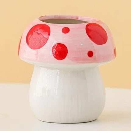 Pink And Red Adorable Ceramic Mushroom Desk Organizer - Cute Pen & Makeup Brush Holder.