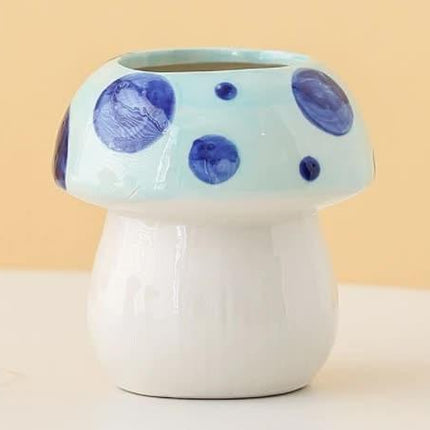 Blue Adorable Ceramic Mushroom Desk Organizer - Cute Pen & Makeup Brush Holder.