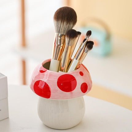 Blue Adorable Ceramic Mushroom Desk Organizer - Cute Pen & Makeup Brush Holder.