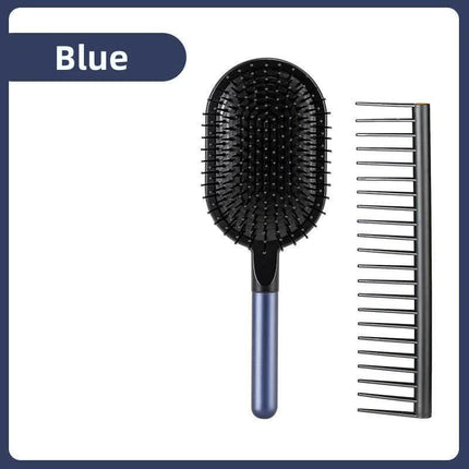 Blue Air Cushion Massage Paddle Brush & Wide Tooth Comb Set - Gentle Detangling for All Hair Types.