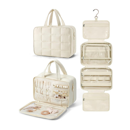 Size M Beige Quilted Hanging Toiletry Bag with Jewelry Organizer - Travel Cosmetic Case(28*12*20).