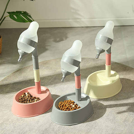 Pink Base Adjustable Height Pet Water Dispenser with Food Bowl Base - Non-Drip Bottle Feeder Station for Dogs & Cats.