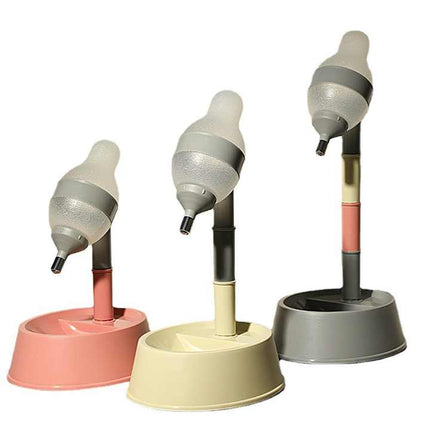 Grey Base Adjustable Height Pet Water Dispenser with Food Bowl Base - Non-Drip Bottle Feeder Station for Dogs & Cats.