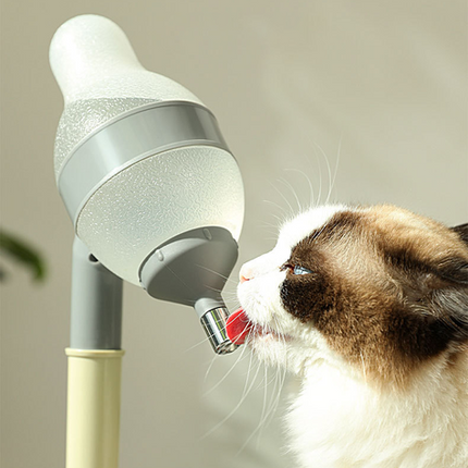 Beige Base Adjustable Height Pet Water Dispenser with Food Bowl Base - Non-Drip Bottle Feeder Station for Dogs & Cats.