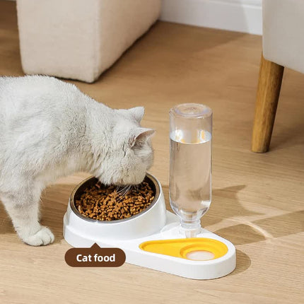 White And Yellow Pet Bowl Set with Automatic Gravity Water Dispenser - Stainless Steel & PP Feeder Station.