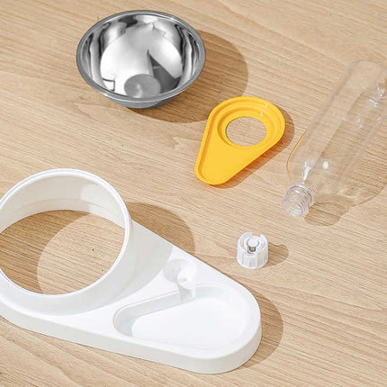 White And Yellow Pet Bowl Set with Automatic Gravity Water Dispenser - Stainless Steel & PP Feeder Station.
