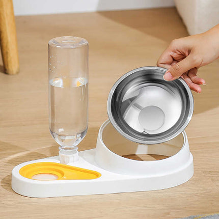 Green And Yellow Pet Bowl Set with Automatic Gravity Water Dispenser - Stainless Steel & PP Feeder Station.