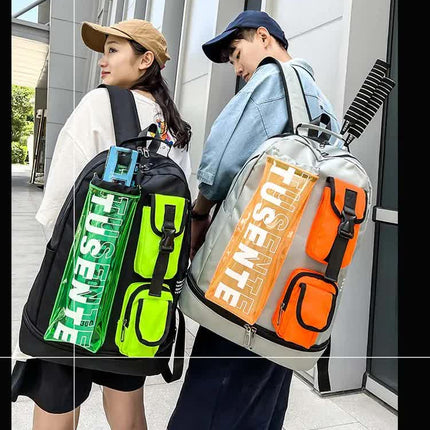 Green And Black Stylish Sports Backpack with Contrast Pockets - Unisex Gym Bag for Badminton & Tennis.