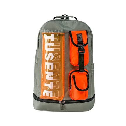 Orange And Grey Stylish Sports Backpack with Contrast Pockets - Unisex Gym Bag for Badminton & Tennis.