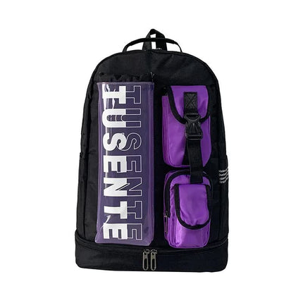 Purple And Black Stylish Sports Backpack with Contrast Pockets - Unisex Gym Bag for Badminton & Tennis.