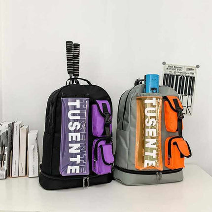 Purple And Black Stylish Sports Backpack with Contrast Pockets - Unisex Gym Bag for Badminton & Tennis.