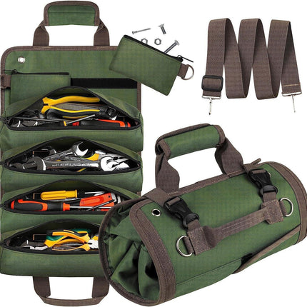 Green Heavy Duty Roll-Up Tool Bag Organizer - Waterproof Oxford Fabric Pouch with Multiple Pockets.