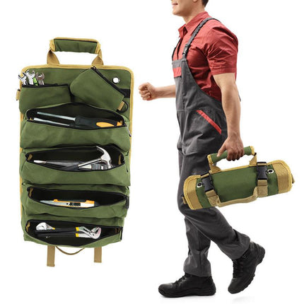 Green Heavy Duty Roll-Up Tool Bag Organizer - Waterproof Oxford Fabric Pouch with Multiple Pockets.